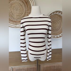 Stitch + Feather Crew Neck Thong Bodysuit Sweater, Off-White/Brown, SMALL